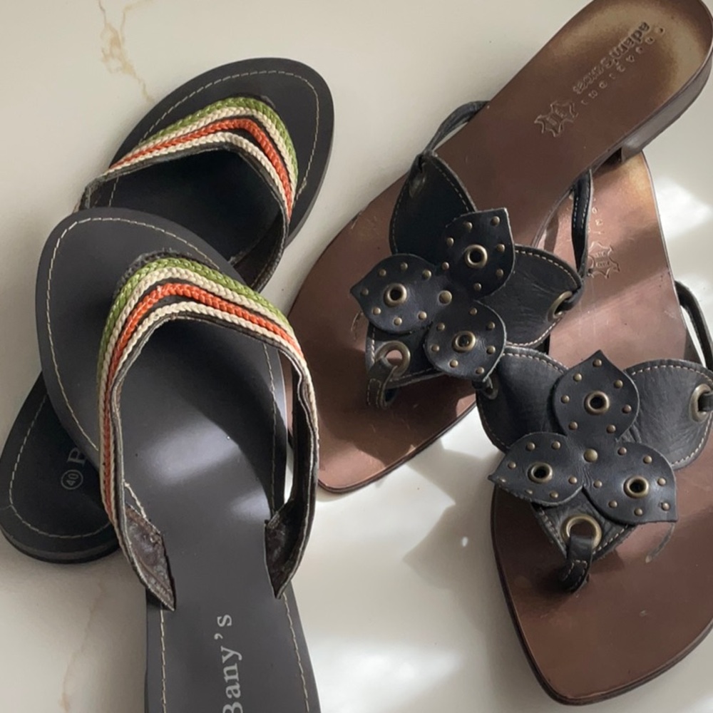 2 PAIRS - Brown Leather Sandals with Intricate Cut-Out Design and 2nd w/stripes